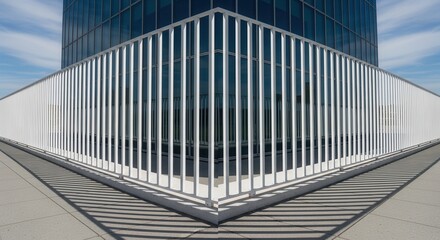 Fototapeta premium A symmetrical architectural view featuring a white metal railing forming a sharp corner casting parallel shadows on light pavement against a dark glass building and blue sky