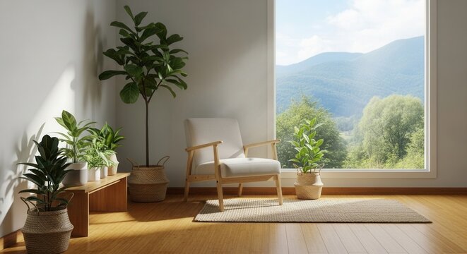 A sunlit room featuring an armchair potted plants and a large window with views of lush green mountains under a bright sky