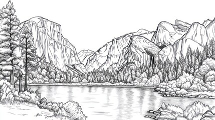 Yosemite Valley black and white sketch, tranquil landscape, lake, mountains