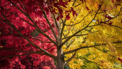 Stunning autumn tree with vibrant red and yellow leaves creating a natural color block, perfect for seasonal designs and evocative nature themes