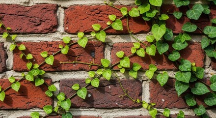 A vibrant green vine with heart-shaped leaves and water droplets crawls across a textured reddish-brown brick wall with light mortar lines