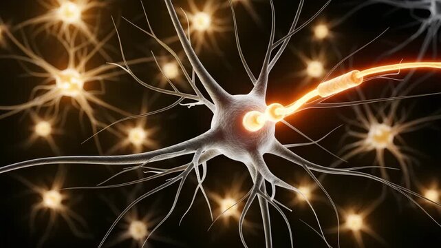 Closeup of a neuron transmitting an electrical impulse with surrounding neurons