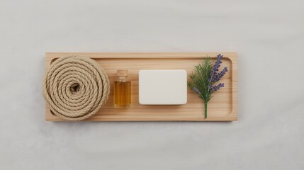 Natural handmade soap bar with herbal essential oil and lavender flowers arranged on a wooden tray, promoting eco-friendly skincare and spa wellness concept, minimalist organic bath product compositio