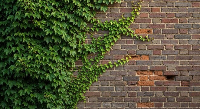 A weathered brick wall partially covered with dense green ivy Some bricks are damaged or missing revealing lighter colored sections