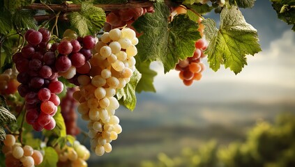 Juicy ripe red and green grapes hanging from vines with soft focus vineyard background