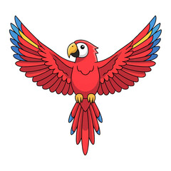 Obraz premium A vibrant cartoon illustration of a red macaw parrot spreading its colorful wings. This exotic tropical bird is a cheerful symbol of wildlife and freedom
