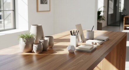 A wooden table holds light ceramic pots a plant pens notebooks and a geometric object bathed in window sunlight creating distinct shadows