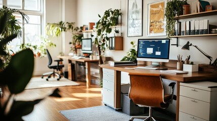 A desk with a computer and a plant