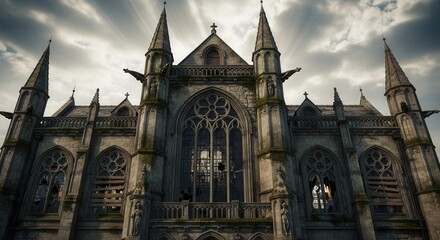 An ancient decaying stone cathedral with gothic architecture broken windows pointed spires and moss-covered walls under a cloudy sky