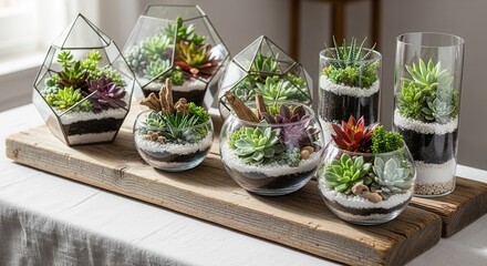 An array of diverse succulent plants in various glass terrariums arranged on a rustic wooden board over a white tablecloth with layered soil and pebbles