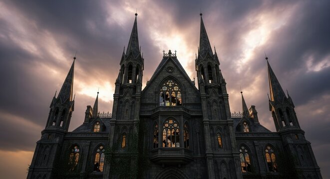An imposing stone building with intricate gothic architecture broken stained glass windows and towering spires against a sunset sky