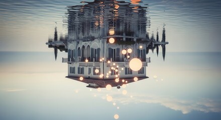 An ornate building appears inverted in tranquil water its reflection above it while luminous orbs descend from its base into a calm ethereal sky