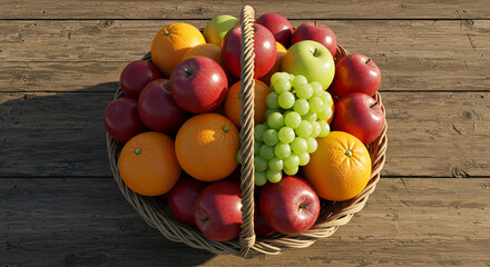 Freshly picked apples, oranges, and grapes overflowing from a woven basket, a healthy and delicious harvest on rustic wood, ready for a vibrant summer picnic