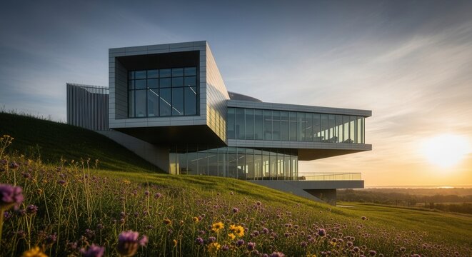 Geometric building with extensive glass and cantilevered sections on a wildflower-covered hill bathed in sunrise light over a distant valley