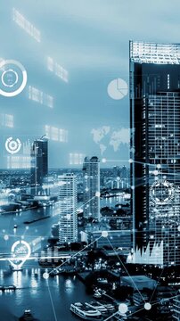 Business data analytic interface fly over smart city showing alteration future of business intelligence. Computer software and artificial intelligence are used to analyze big data for strategic plan .