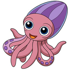 Cartoon smiling squid with purple details on white background