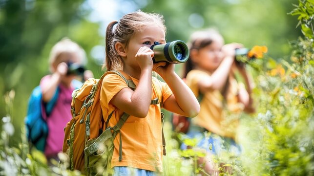 A little girl looking through a binoculars lens