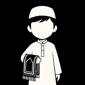 Muslim boy holding prayer mat ready for prayer wearing traditional attire.