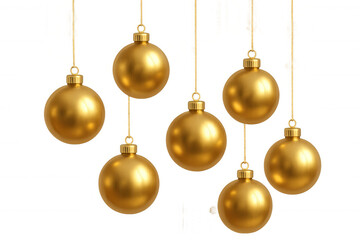 Golden christmas ornaments hanging, reflecting light. Festive holiday season decoration on a transparent background