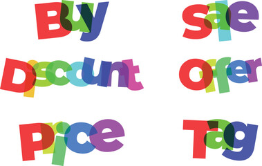 Colorful marketing promotion related words isolated against white background graphic element