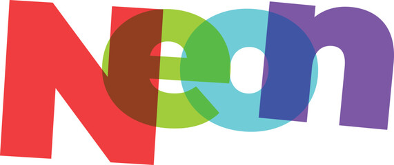 Colorful Neon Word Design with Transparent Layers on White Background