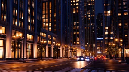 Nighttime cityscape featuring illuminated skyscrapers and bustling street activity in urban environment