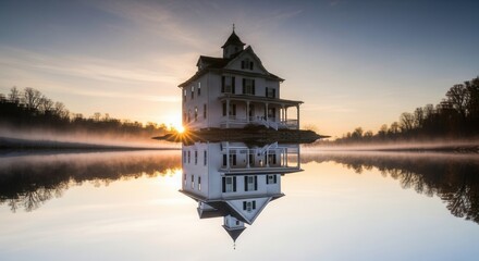 Upside-down white multi-story house with dark shutters reflected in calm water at sunrise surrounded by misty distant trees