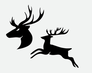 Stylish deer silhouette vector set showing a jumping deer and elegant stag head. Perfect for wildlife logos, hunting badges, nature prints, and outdoor brand designs.
