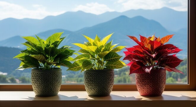Three vibrant potted plants green yellow and red sit on a sunny window sill with a blue mountain range in the distant background - Powered by Adobe