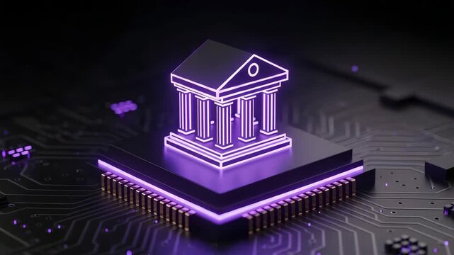 Digital bank building icon on a futuristic computer chip with glowing purple circuits
