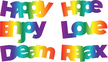 Colorful words of encouragement on white background promoting positivity and happiness