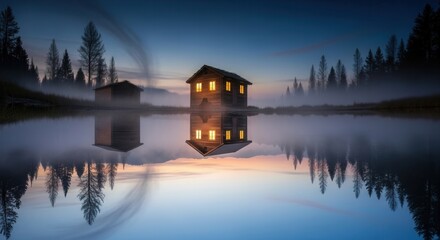 Fototapeta premium Wooden house with illuminated windows and a smaller structure perfectly mirrored in calm water amidst a foggy forest at twilight