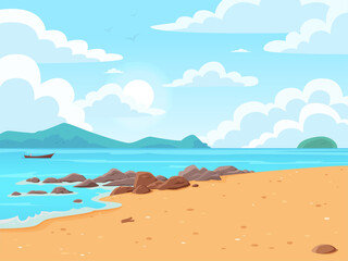 Summer beach sea landscape background, fishing boat, Thailand, mountains, clear sky, Asia.  flat illustration design