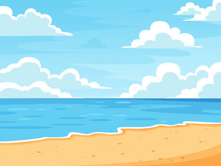 Summer beach sea landscape background, clear sky mountains, Asia flat illustration design