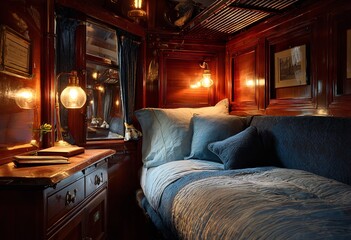 Luxurious vintage train cabin offers cozy sleeping quarters with warm ambient lighting and rich wood accents