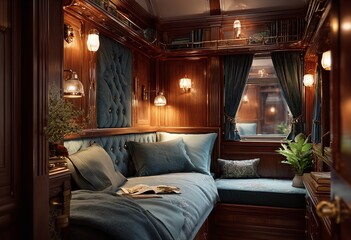 Luxurious vintage train compartment offering comfort and elegant travel with plush seating and warm lighting