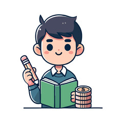 Flat illustration of a boy managing finances in a book on a white background