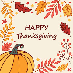 Fall Pumpkin Background with Autumn Leaves, Happy Thanksgiving Text