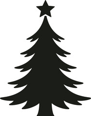 Fototapeta premium Simple black christmas tree graphic with a star on transparent background silhouette