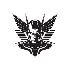 Valiant Superhero Portrait with Helmet and Wings Monochrome Design