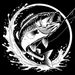 Fisherman Catching Big Fish in Mountain Lake Silhouette