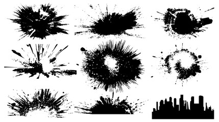 A collection of black ink splatters and bursts on a white background, showcasing various shapes and sizes, ideal for graphic design and artistic projects