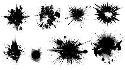 A collection of black ink splatters and bursts on a white background, showcasing various shapes and sizes, ideal for graphic design and artistic projects