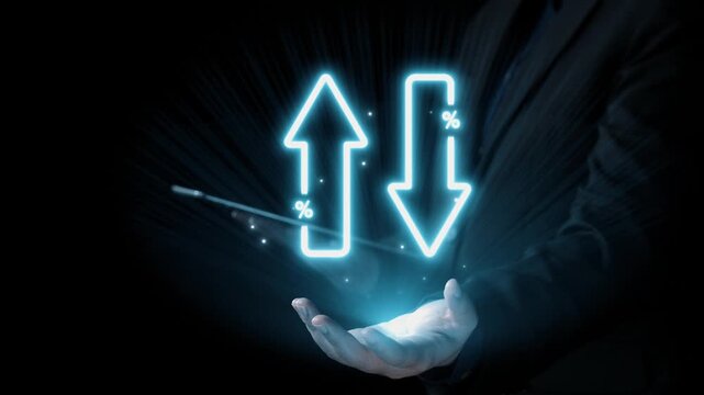 This image depicts a hand holding glowing arrows representing cost and quality trends, symbolizing growth and performance in business management and strategy. Qubit