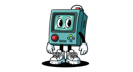 Naklejka premium Cartoon retro handheld game console character with face in sneakers illustration