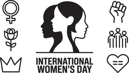 International Women's Day banner: strong female profiles, symbols of gender, community, power, rose