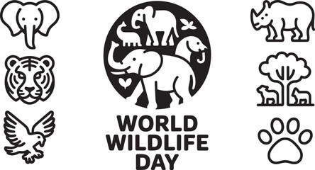 World Wildlife Day vector, animal conservation, elephants, tiger, eagle, rhino, paw print, tree, sheep