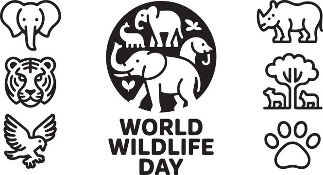 World Wildlife Day vector, animal conservation, elephants, tiger, eagle, rhino, paw print, tree, sheep