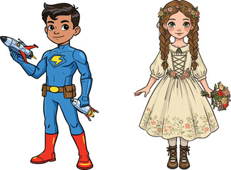 Cartoon boy in superhero costume holding spaceship, girl in floral dress with bouquet, imaginative children roleplay, fantasy outfits, kids isolated on white