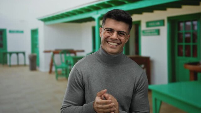 Young man clapping joyfully on an outdoor terrace in a city restaurant, showcasing an attractive and happy guy in a casual setting.